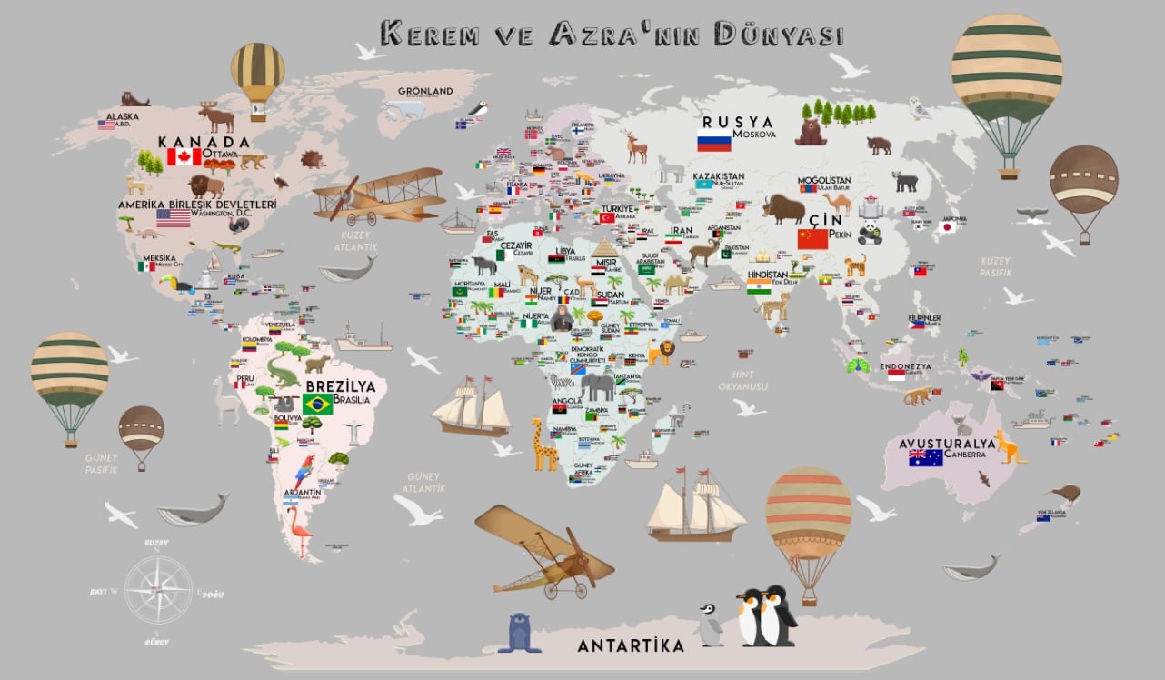 Dünya Haritası Türkçe Başkentli Bayraklı